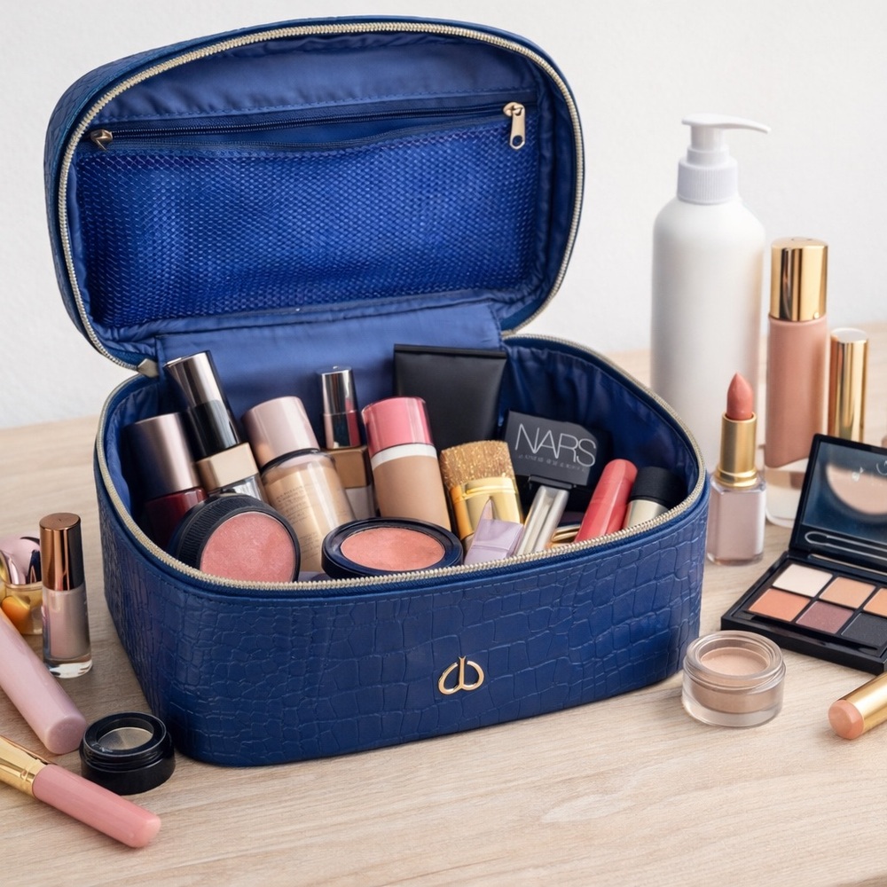 Clé de Peau Beauté Blue Croc Makeup Travel Case Cosmetic Bag Luxury Holt Renfrew